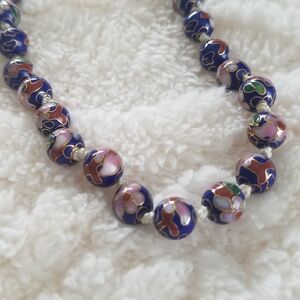 Vintage Chinese Cloisonne Blue and Pink Beaded Necklace